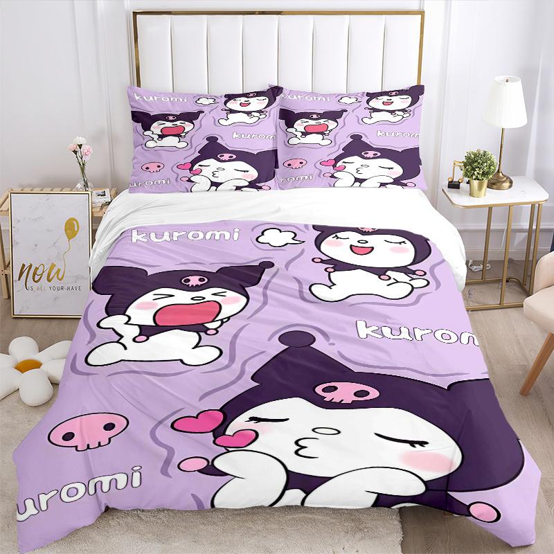 3pcs Kuromi's Playful Adventures Pattern Bedding Three-Piece Set (1 Cover + 2 Pillowcases, No Fillings), Soft and Comfortable S055