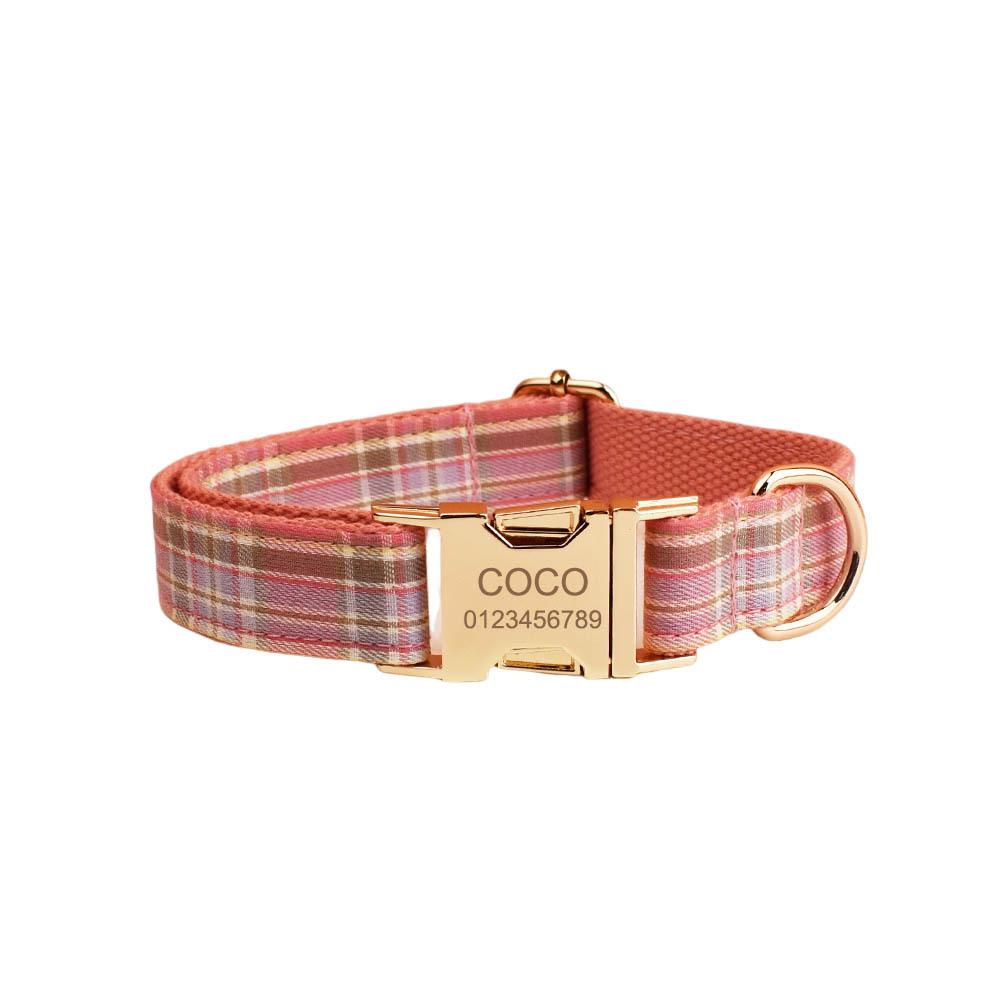 Peach Pink Plaid 3-Piece Set: Dog Collar, Leash & Engravable Bow Tie - Anti-Tangle Design