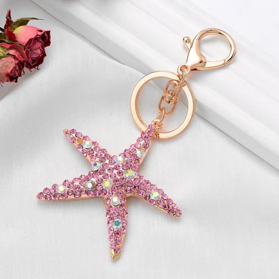 Keychain Sparkling Rhinestones Inlaid Starfish Design Keychain Pendant Enamel Oil Drip Process Smooth Edges Spring Buckle Key Holder Backpacks