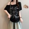 Summer Polyester Letter Print T Shirt With Ruching And Slanted Neck For Casual Women
