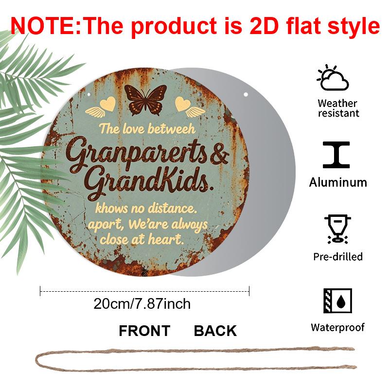 2D Flat, 1pc Round Aluminum Grandparents & Grandkids Love Sign, Vintage Rustic Butterfly & Heart Wall Decor, Waterproof & Durable, Themed Around The