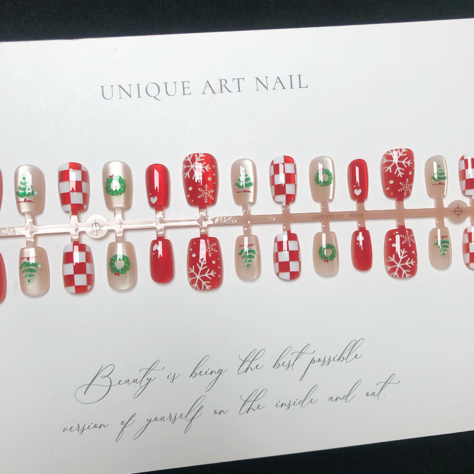 

Праздничные рождественские накладные ногти: Снежинка, Олень, Елка, Клетчатый узор, Дизайн снеговика в красном и зеленом