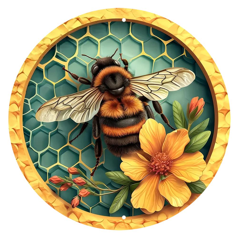 

Круглый металлический алюминиевый знак пчела и соты декоративные тарелки вход декор подарочная маска тема для бара клуба дома комната настенный декор белый