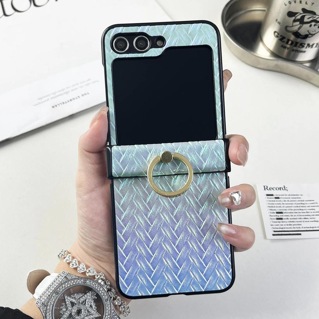 Ring Holder Weave Leather Plastic Phone Case for Samsung Galaxy Z Flip 6 5 4 3 Flip6 Flip4 Flip5 Hard Shell Shockproof Cover