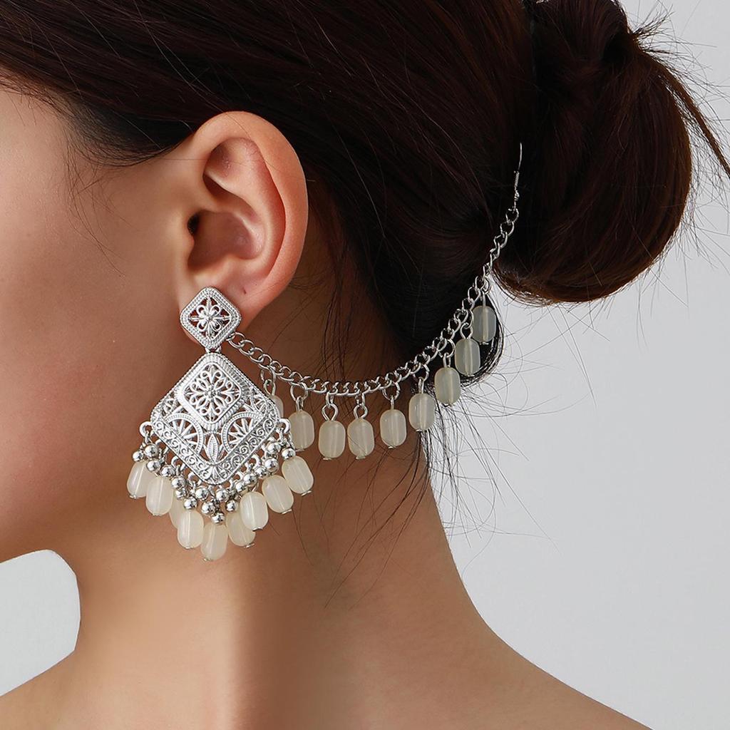 Bohemian Exotic Rhinestone Tassel Necklace & Earrings Set In Antiqued Alloy