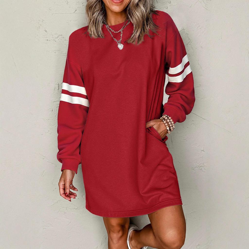 Striped Color Block Drop Shoulder Women's Casual Loose Pullover Dress for Autumn/Winter