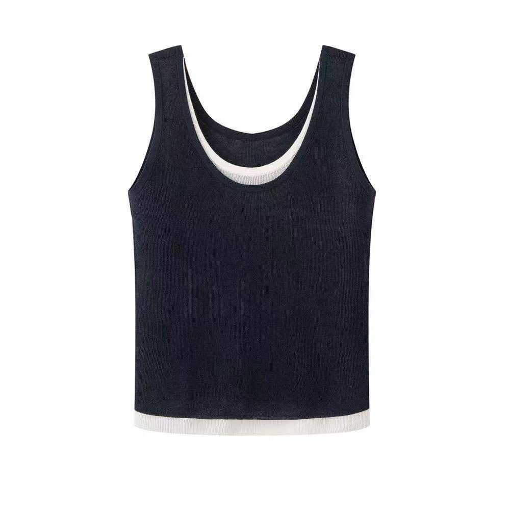 Spring 2026 Color Block U-Neck Knit Vest - Fake Two-Piece Design Small