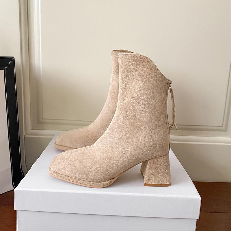 Short boots women's autumn and winter new thick heel thin boots square head small bare boots high heel nude elastic boots children