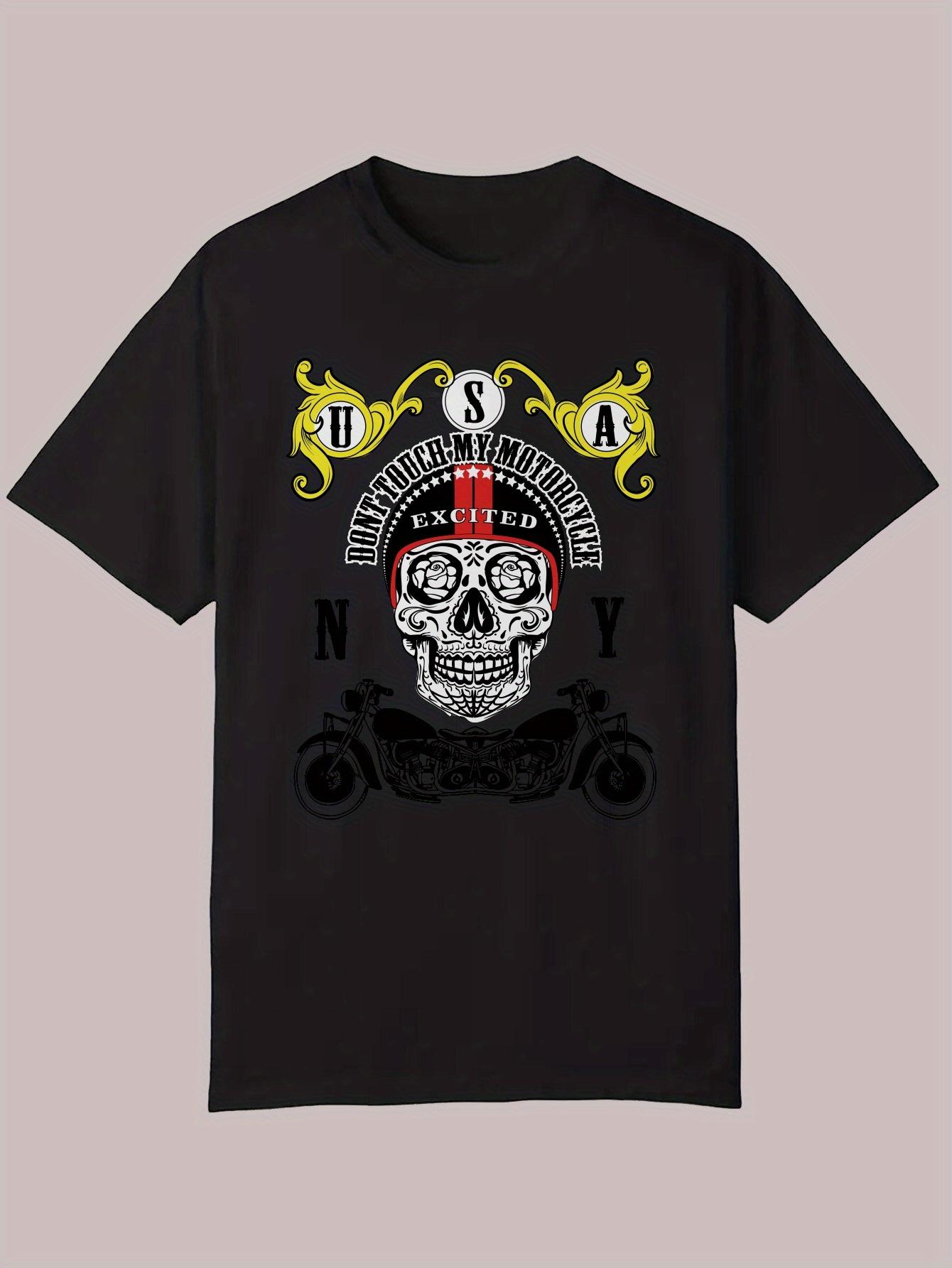 Casual Crew Neck T-shirt - Skull & Motorcycle Graphic S