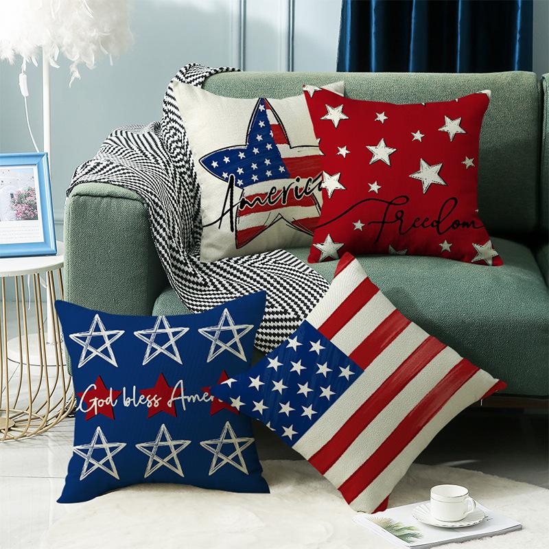Suministros de Decoración para el Hogar Funda de Cojín de Lino Día de la Libertad Estampado de Texto Pentagrama Funda de Almohada para Sofá