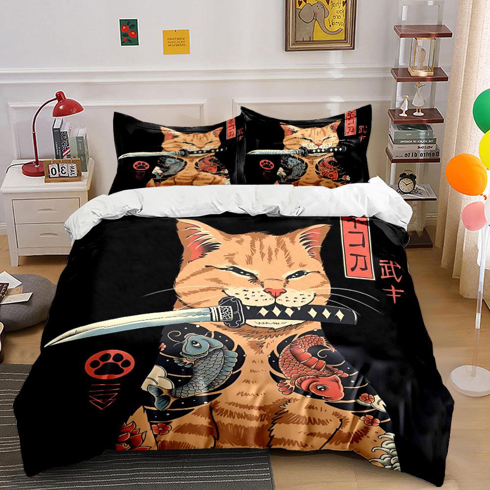 Samurai Cat Decor Set Bedding Set with 1 Duvet Cover 2 Pillowcases Single Double King Queen, Gift