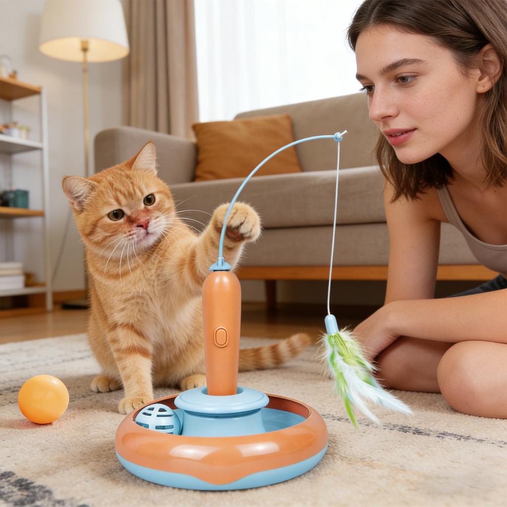 Electric Automatic Cats Toy: Rotating Feather Wand & Turntable Bell Ball – Self-Play Interactive Pet Toy For Cats