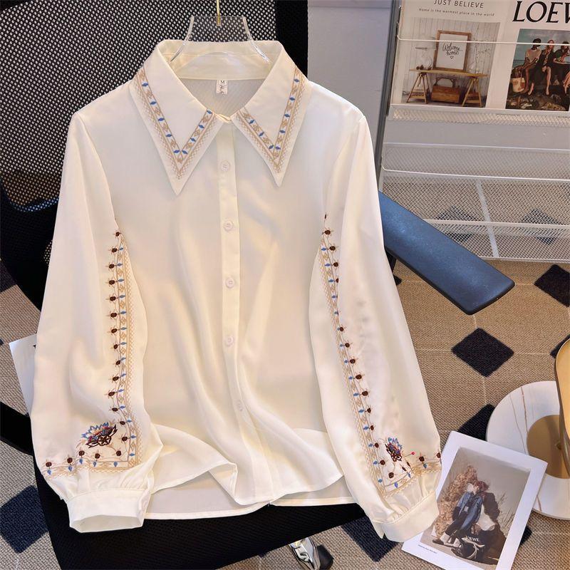 Women Ethnic Embroidered Long Sleeve Blouse Loose Fit French Style Professional Office Shirt