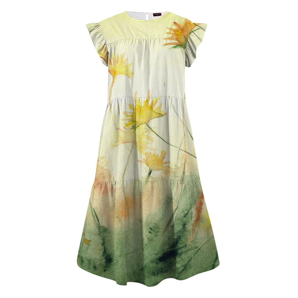 Women's Round Neck Casual Short Sleeve Ruffle-Trim Summer  Dresses