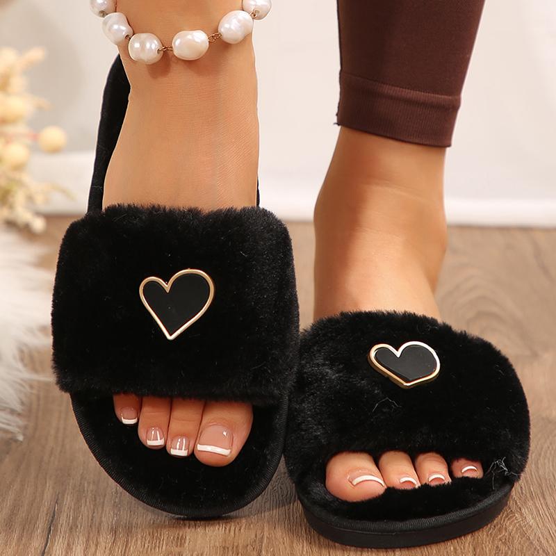 Fashion Black Fur Autumn Winter 2025 Woman Indoor Slippers Heart Shaped Soft Sole Women's Home Slippers Furry Plush Bedroom Slides Shoes