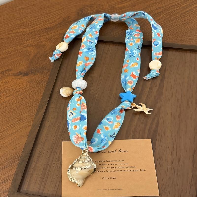 Böhmische Meeresinspirierte Halskette Mit Muschel Und Seestern Anhänger Florales Schal Design Für Frauen Dame