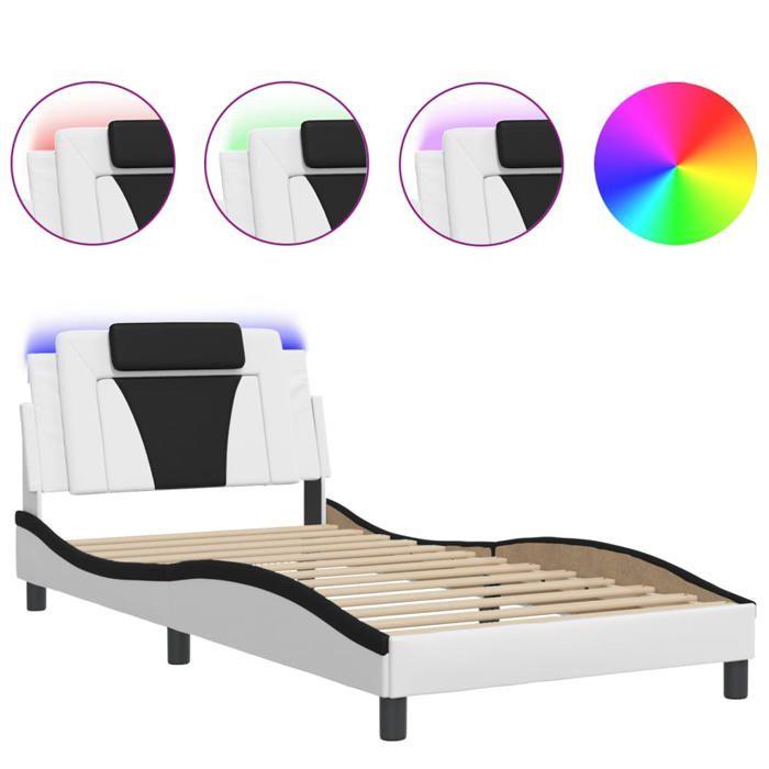 VidaXL Cadre de Lit avec Lumières LED, Lit Rembourré avec Coussin, Lit Simple, Lit Adulte Chambre, Moderne, Blanc Noir 3214007