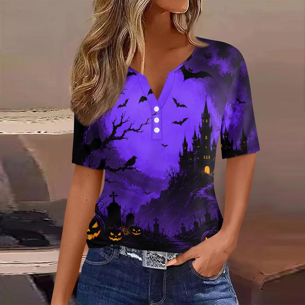 Women’s Casual Halloween Printed V Neck Short Sleeve Button T Shirt Top with and Pumpkin Pattern for Holiday Wear