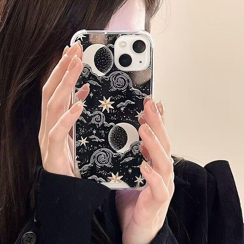 Line Star Moon Pattern Cool Mirror Face Phone Case For iPhone 16 15 14 13 12 11 Pro Max XS Max XR 7 8 Plus Shockproof Back Cover