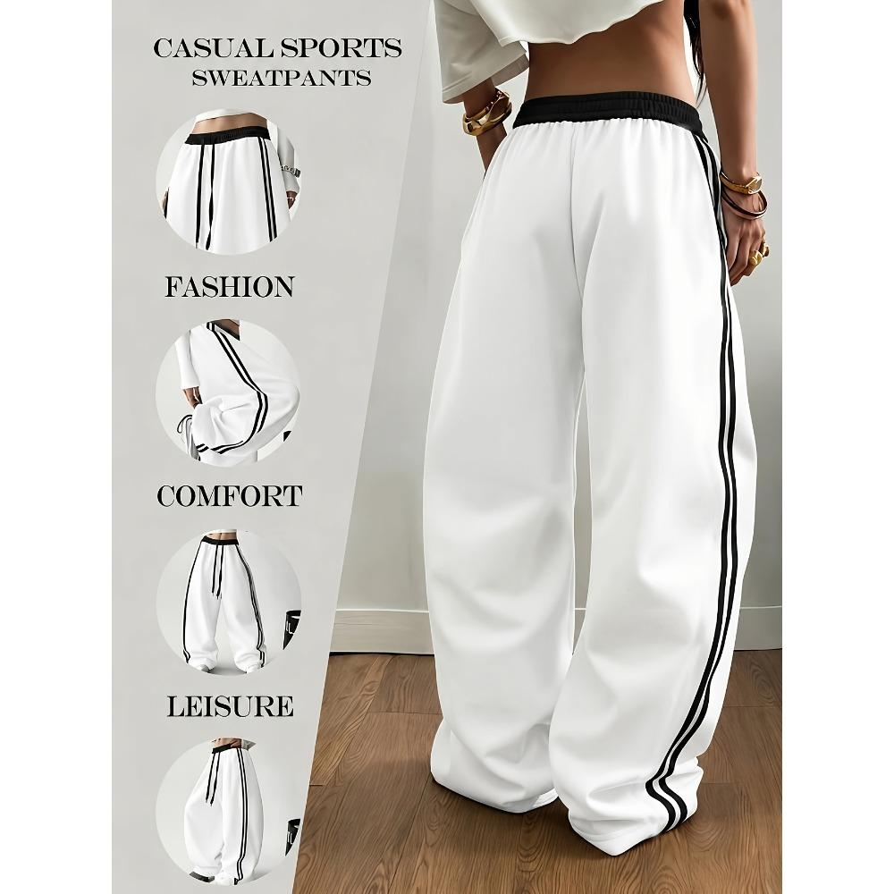 Dames Color Block Gestreepte Sneldrogende Gebogen Broek, Hoge Taille Losse Wijde Pijp Casual Sportbroek