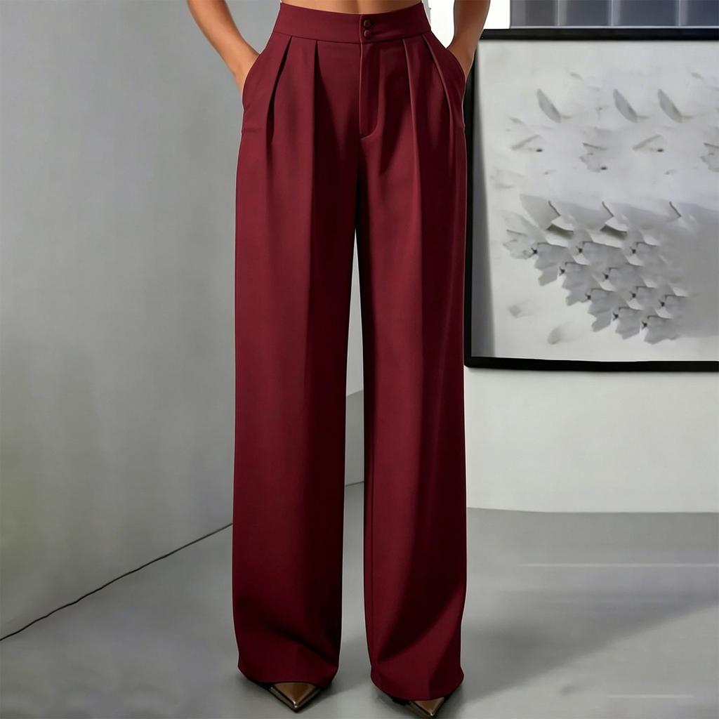 Women's High Waisted Straight Leg Dress Pants with Pockets, Elastic Waist Button Closure Loose Fit Trousers for & Casual Wear