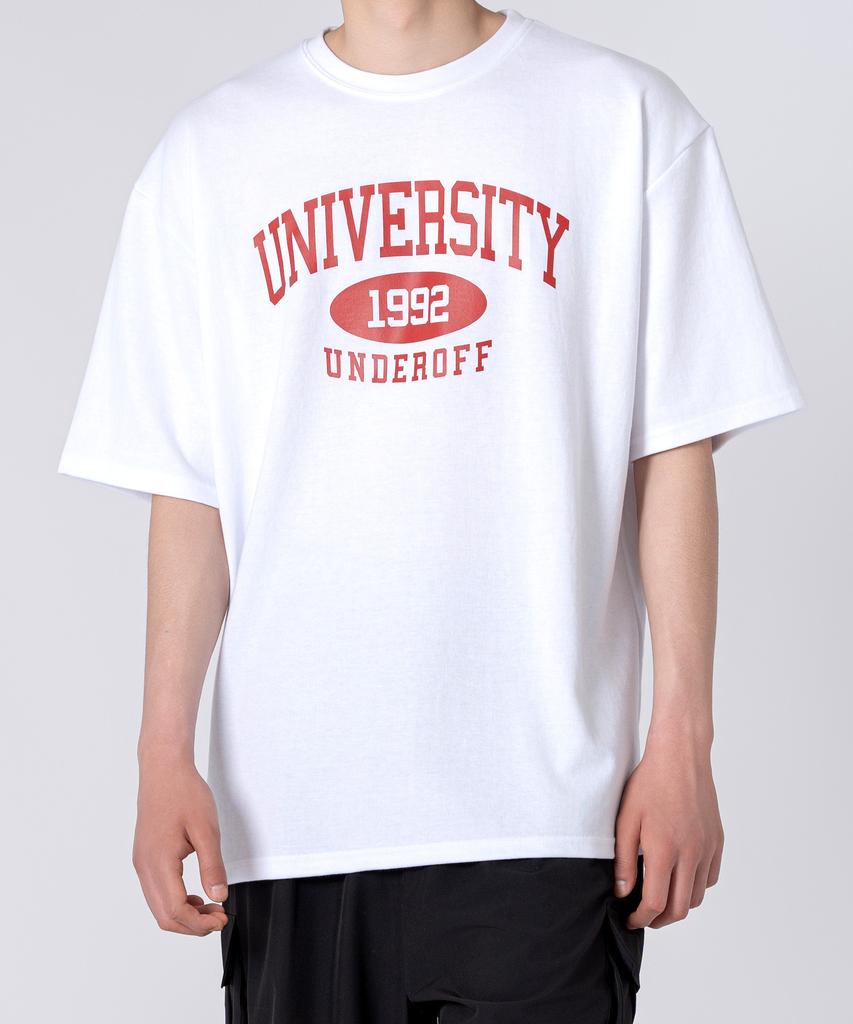 UNDEROFF [Set] Oversized Crew Neck University+1992 Short Sleeve T-Shirt White/Red (C Type)