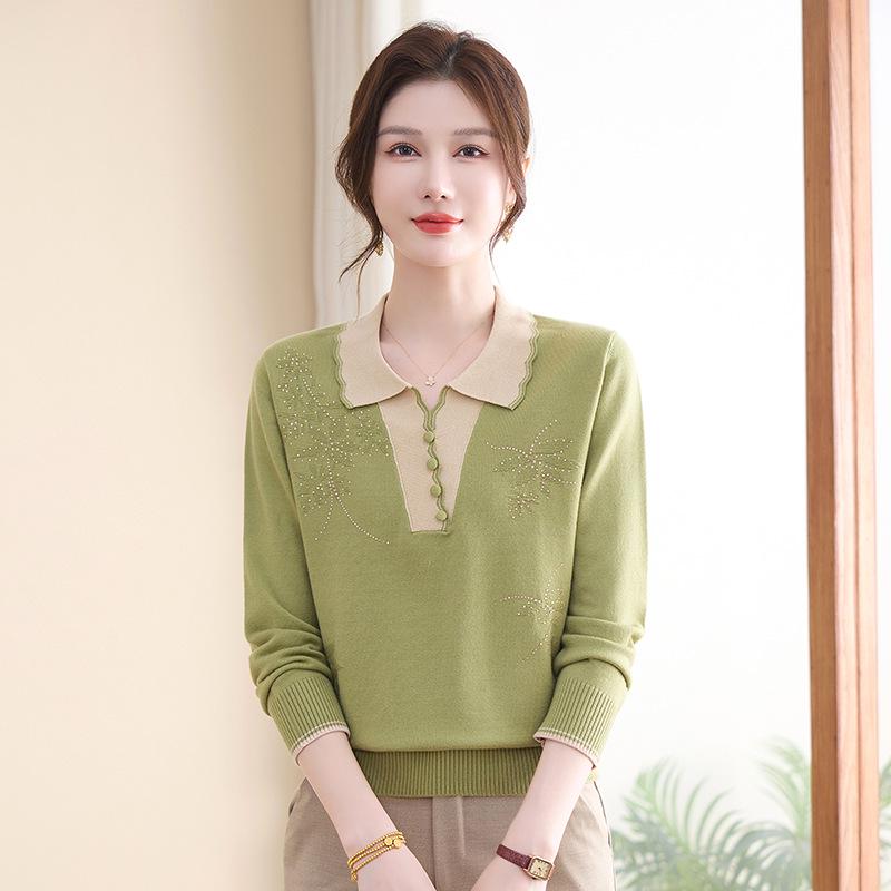 Mom's Autumn Knit Lapel Sweater Set – Long-Sleeve Top, Small Size for Middle-Aged & Elderly Women