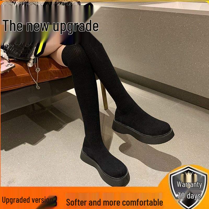Damen 2025 Schwarze Overknee-Stiefel mit dicker Sohle, schlank, gestrickt, Stretch
