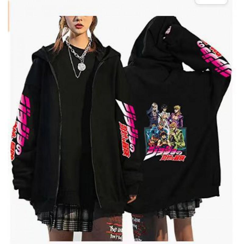 Mens Hooded Sweatshirt With JoJos Bizarre Adventure Print Fleece-Lined Oversized Streetwear Top