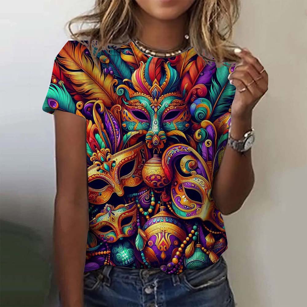 Dámská grafická trička s motivem slavnostní masky Mardi Gras, ležérní letní novinka na dovolenou s klopou a krátkým rukávem, karnevalové oblečení