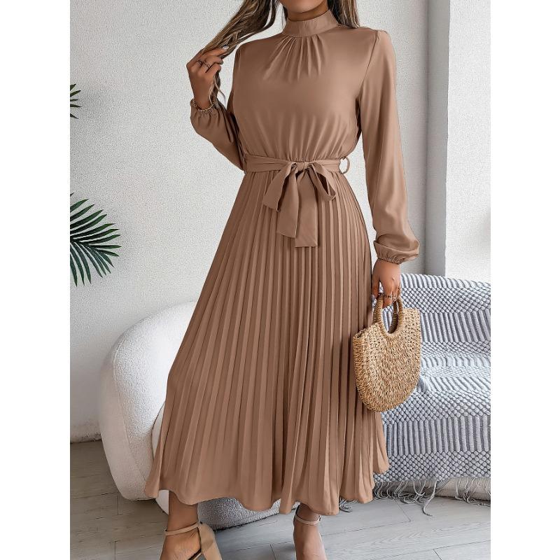 Women's Autumn and Winter Elegant Stand Collar Long Sleeve Waist Pleated Long Dress