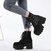 2023 Winter Women European Style Ankle Boots, Front Lace‑Up Embroidery Decor Side Zipper Platform Thick‑Sole Fashion Ladies Boots