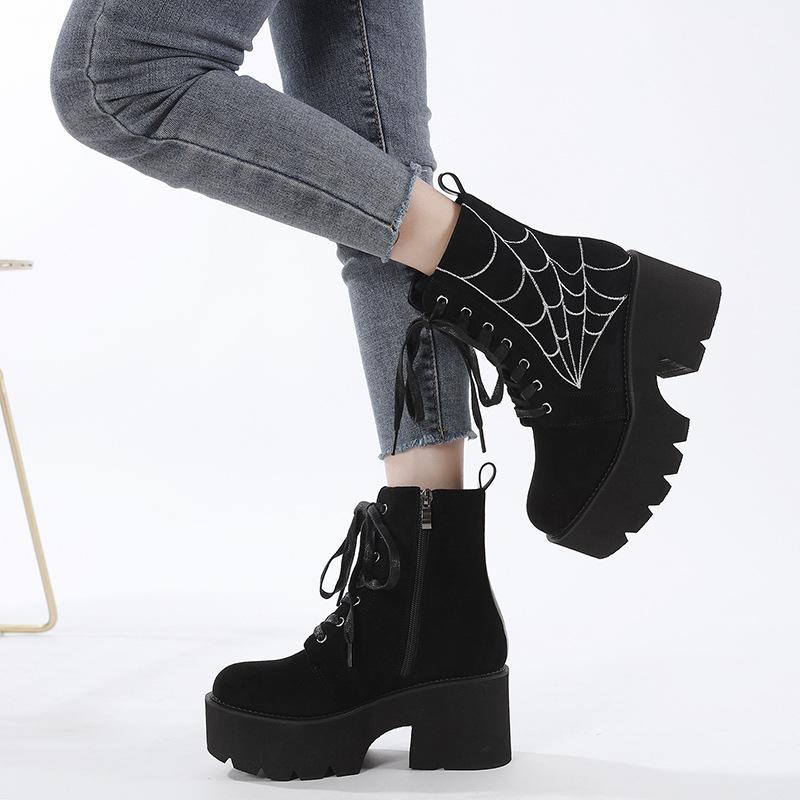2023 Winter Women European Style Ankle Boots, Front Lace‑Up Embroidery Decor Side Zipper Platform Thick‑Sole Fashion Ladies Boots