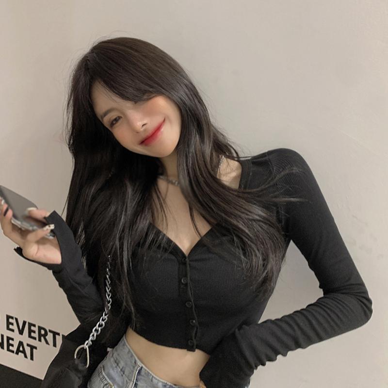 

Spring Women Knitted Cardigan Low-Cut V-Neck Long-Sleeved Short Thread T-Shirt Navel Bottoming Shirt Tight Top L