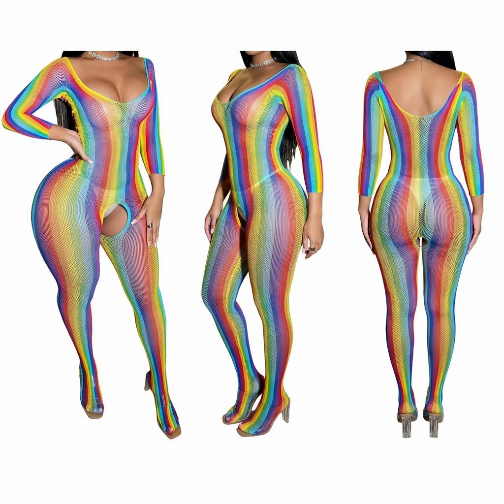 Fashion Rainbow-colored Stripes Bodysuit Woman Sexy Lingerie Sheer Curve-Hugging Dress Colorful Fishnet Bodystocking Sexy Set
