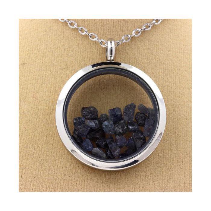 Stones and Minerals. Raw Sapphire Necklace. 30 Mm Medallion Model. Color Silver.