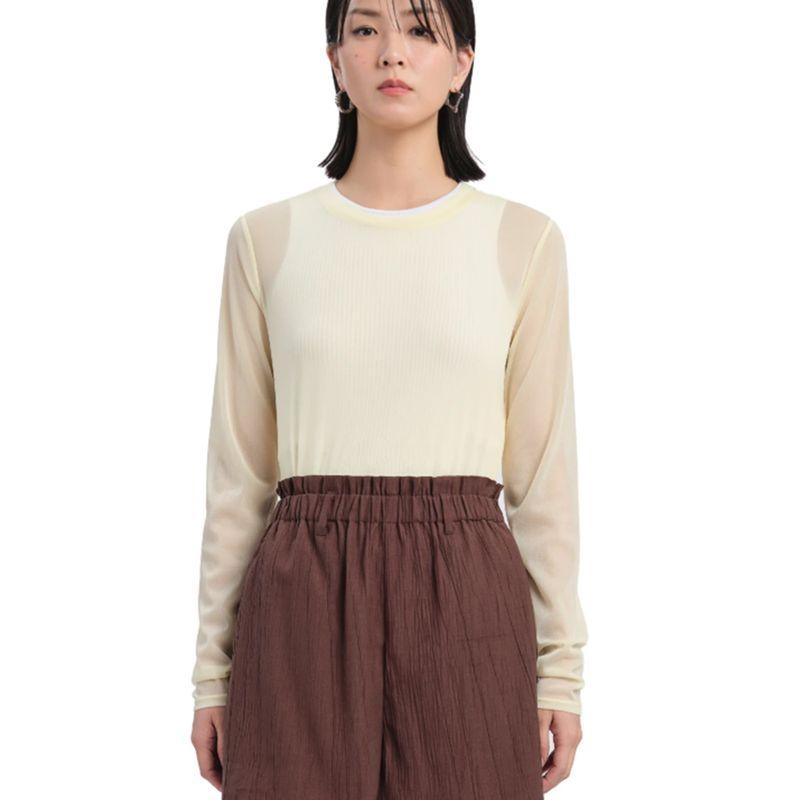 Kong Trendy Brand Ini*** Mesh Elastic Slim-Fit Women's Spring and Autumn Long-Sleeve Base T-Shirt, Round Neck, Lightweight, Breathable, Solid Color