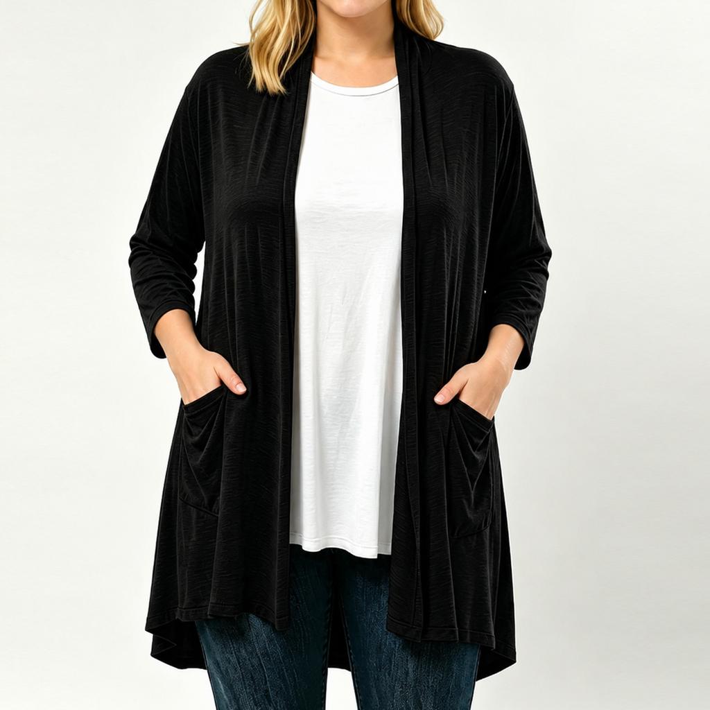 Women's Plus Size Soft Three-Quarter Sleeve Cardigan with Pockets