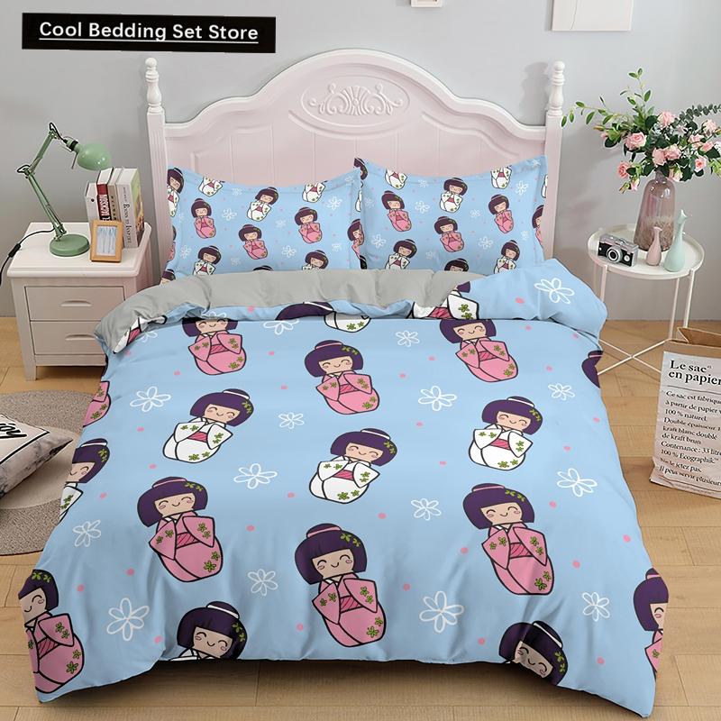 Bettbezug mit japanischer Puppe, bedruckt, King-Queen-Bett, Cartoon-Glückskatze, Bettwäscheset für Kinder und Mädchen, Fan, weiß, 2/3-teilig, Polyester-Bettbezug