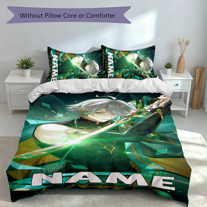 3pcs Custom Name Genshin Impact Characters Set,Includes 1 Duvet Cover and 2 Pillowcases,All-season Bedroom Decor