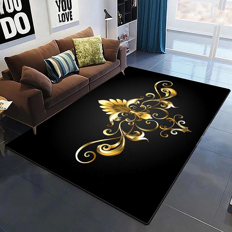 Goldene Rose Blumenteppich Für Zuhause Schlafzimmer Wohnzimmer Sofa Tisch Dekor Weicher Teppich Küchenbodenmatte 3D-Druck Blumenmuster Fußmatte