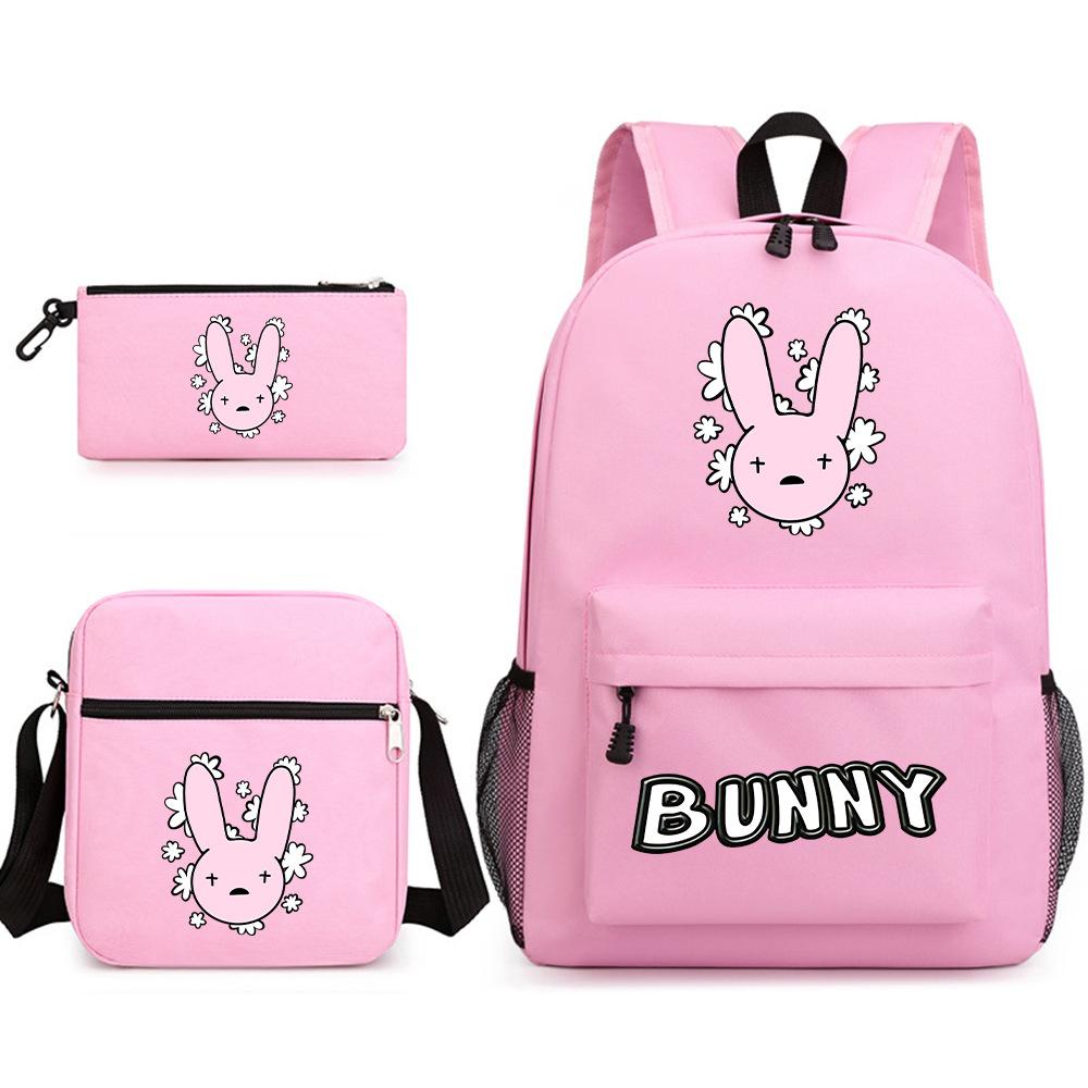 Popular Novelty Cool Bad Bunny Print 3pcs/Set Pupil School Bags Laptop Daypack Backpack Inclined Shoulder Bag Pencil Case