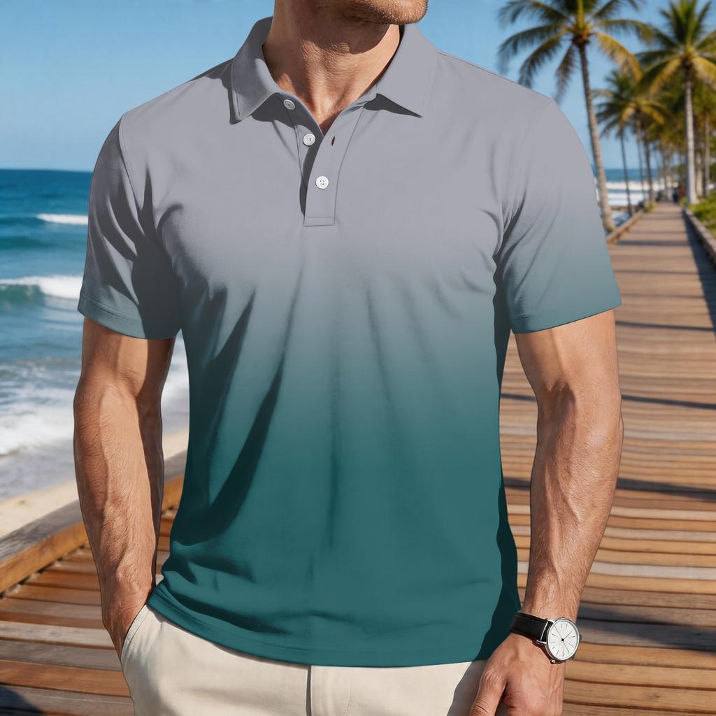 Men Loose Fit Casual Gradient Print Short Sleeve T Shirt with Turn Down Collar Comfortable Soft Fabric Stylish Design