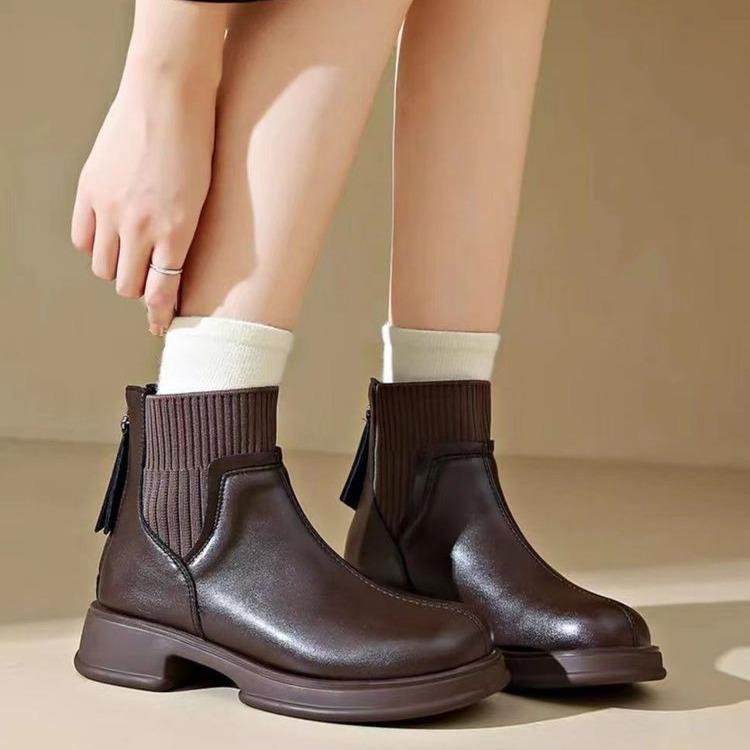 Soft-soled Boots Women's Autumn Winter British Style Thick-soled Socks and Boots Rear Zipper Martin Boots Western Style Chelsea Short Boots