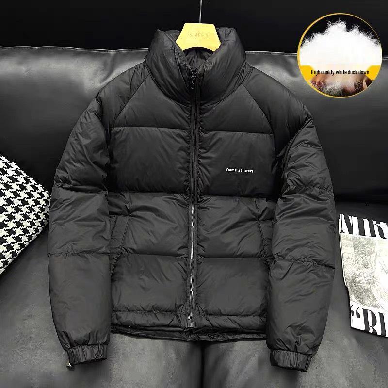 Leichte Herren-Jacke aus weißer Entendaune - Winter 2025 Jugendmode, Warmer lässiger kurzer Stil mit Stehkragen