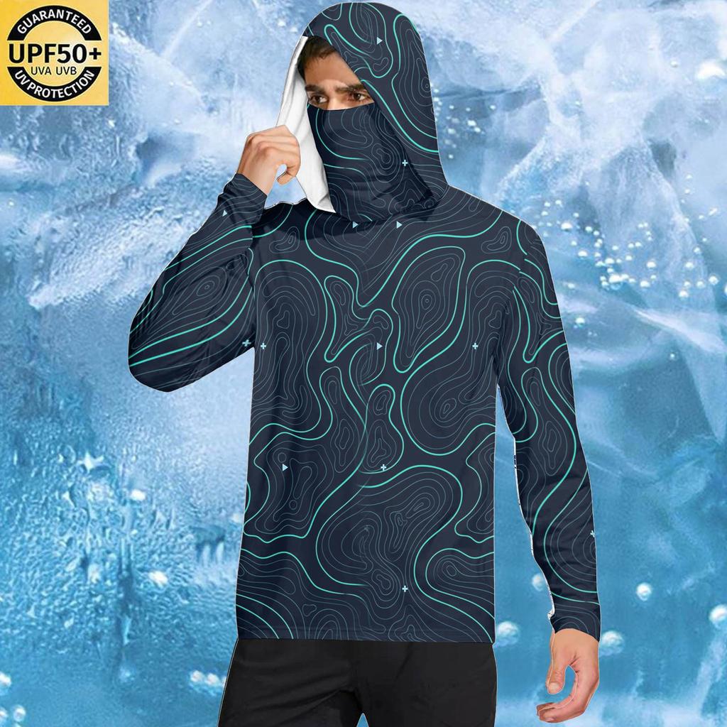 Long Sleeve Hooded Pullover with Face Covering Abstract Printed Lightweight Breathable Fabric for Men and Women