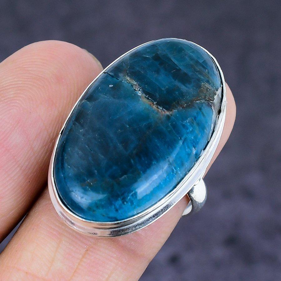 Natural Neon Blue Apatite Gemstone 925 Sterling Silver Jewelry Ring Size 8 c2s59