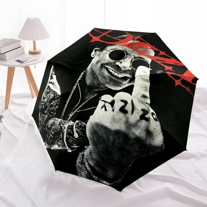 1pc Ozzy Osbourne Automatic Umbrella 8 Rib Portable Folding Black Iron Frame for Outdoor, Beach, Travel, Beach Umbrella 158