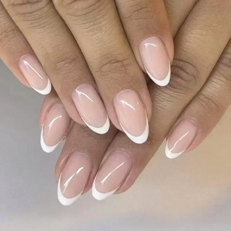 24Pcs French False Nails Almond Fake Nails with Glue Press on White Edge Design Wearable Simple Pink Stiletto Nail Tips