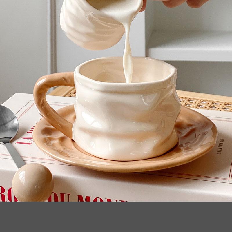 Creative Pleated Paper Ceramic Cup&saucer Dining Table Coffee Mug Milk Tea Mugs Afternoon Tea Teacup Fruit Juice Container
